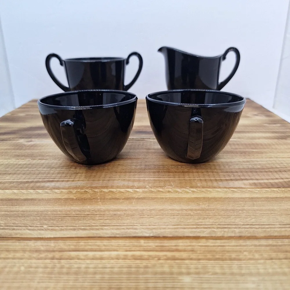 Vintage Black Amethyst Open Sugar And Creamer Set W/‎ 2 Cups 4pc Lot